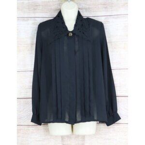 VINTAGE Claudia Richard Womens Size 8 Button Up Pleated Blouse Shirt Black